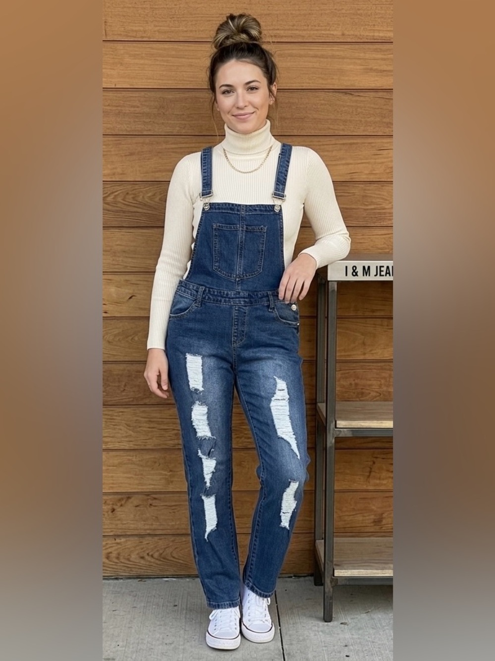 I & M Jeans Distressed Denim Overalls High Rise Ripped Size L